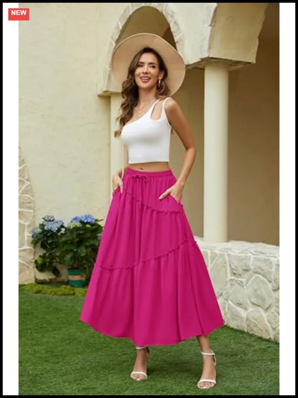Flowy A-Line Maxi Skirt with Pockets High Waist Smocked Tiered